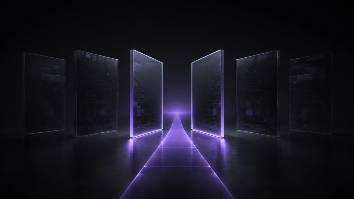 Six black glass panels with non-essential outer panels dimmed and two essential panels aligned along one ultraviolet path