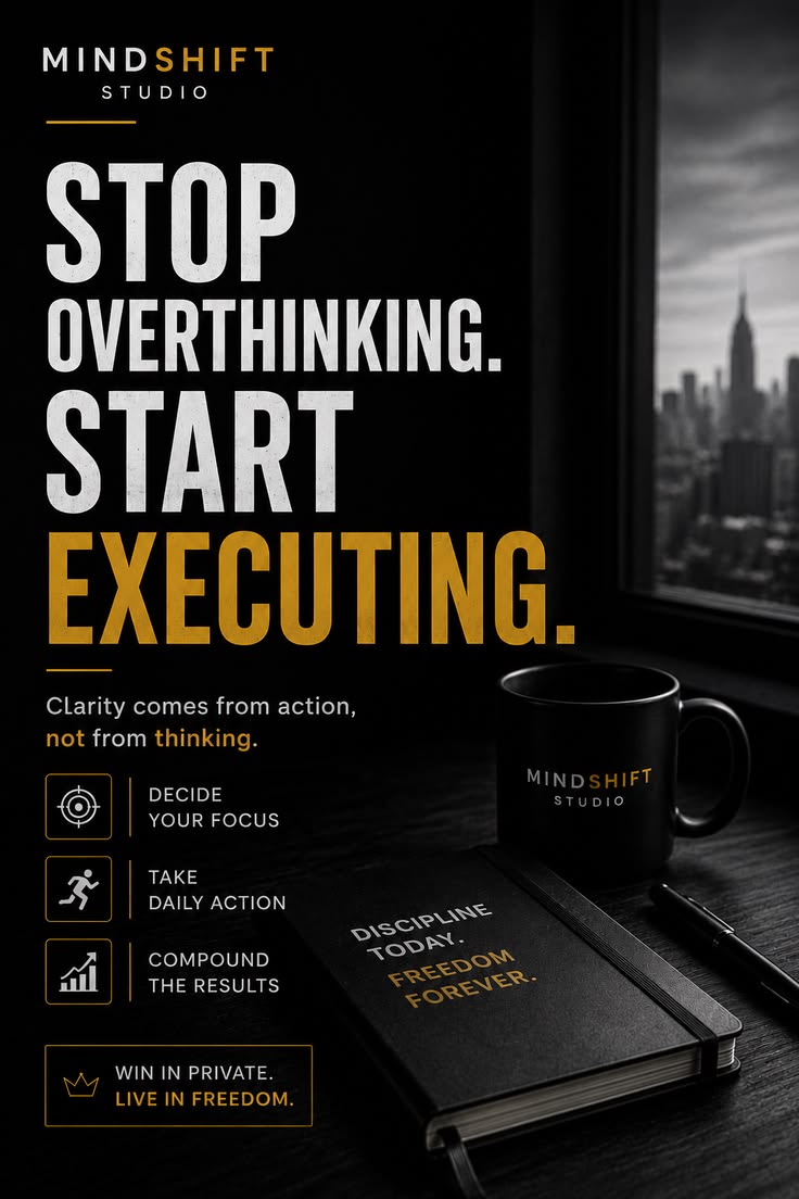 MindShift Studio dark desk graphic reading Stop Overthinking Start Executing for an article about execution habits.