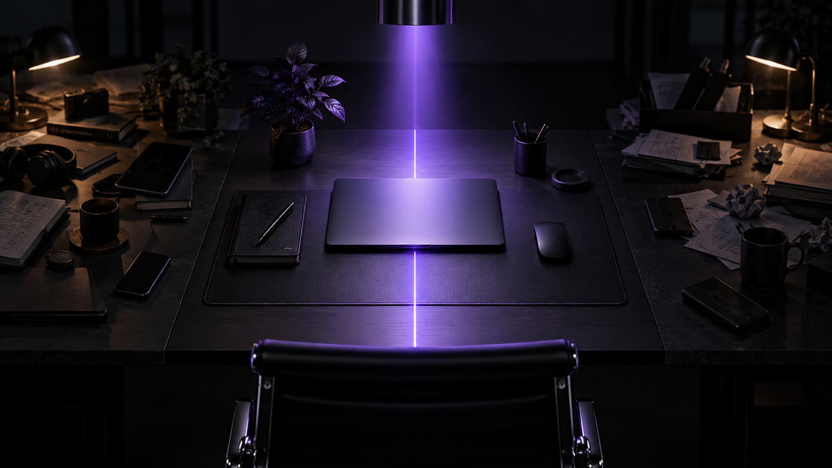 A dark executive workspace where one protected focus path replaces competing task zones