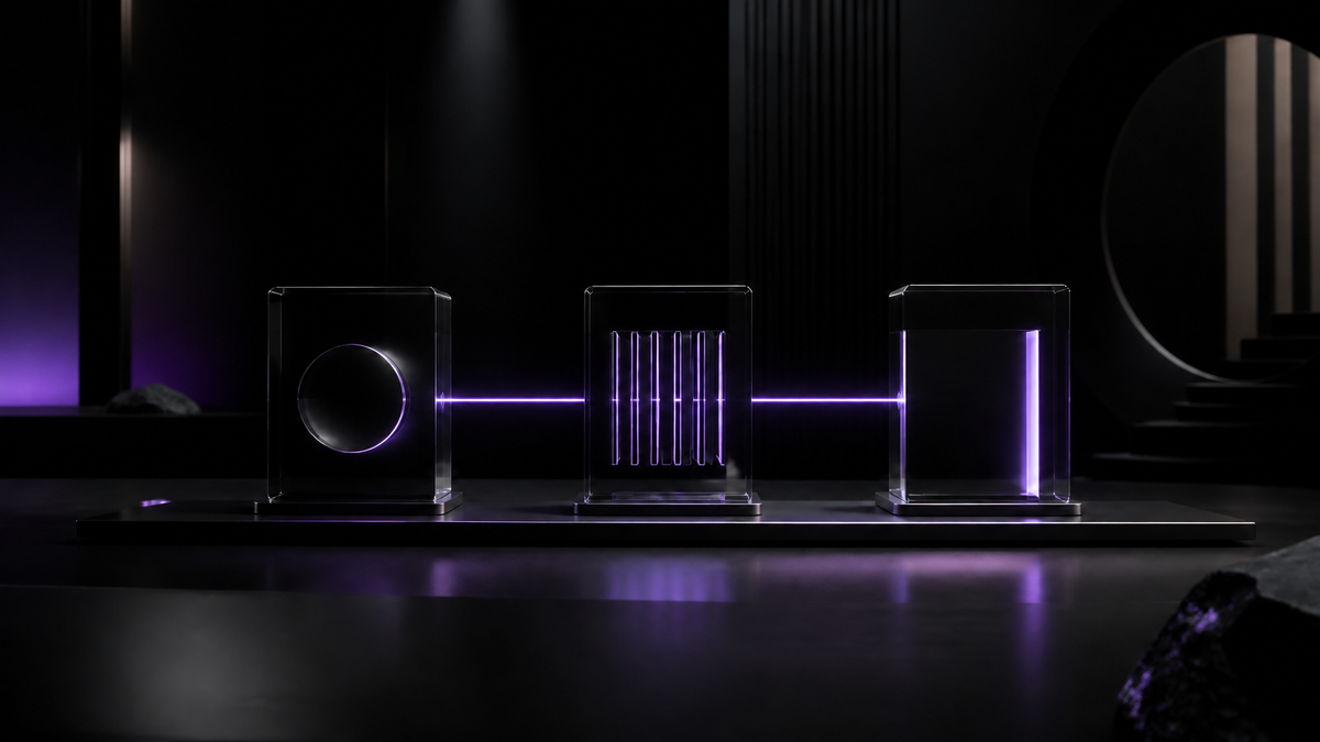 Three black-glass control blocks connected by ultraviolet light, representing priority, protected time and a stopping boundary.