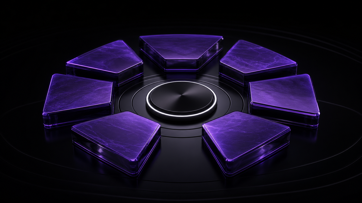 Ultraviolet weekly cycle arranged around a calm central checkpoint on polished black glass