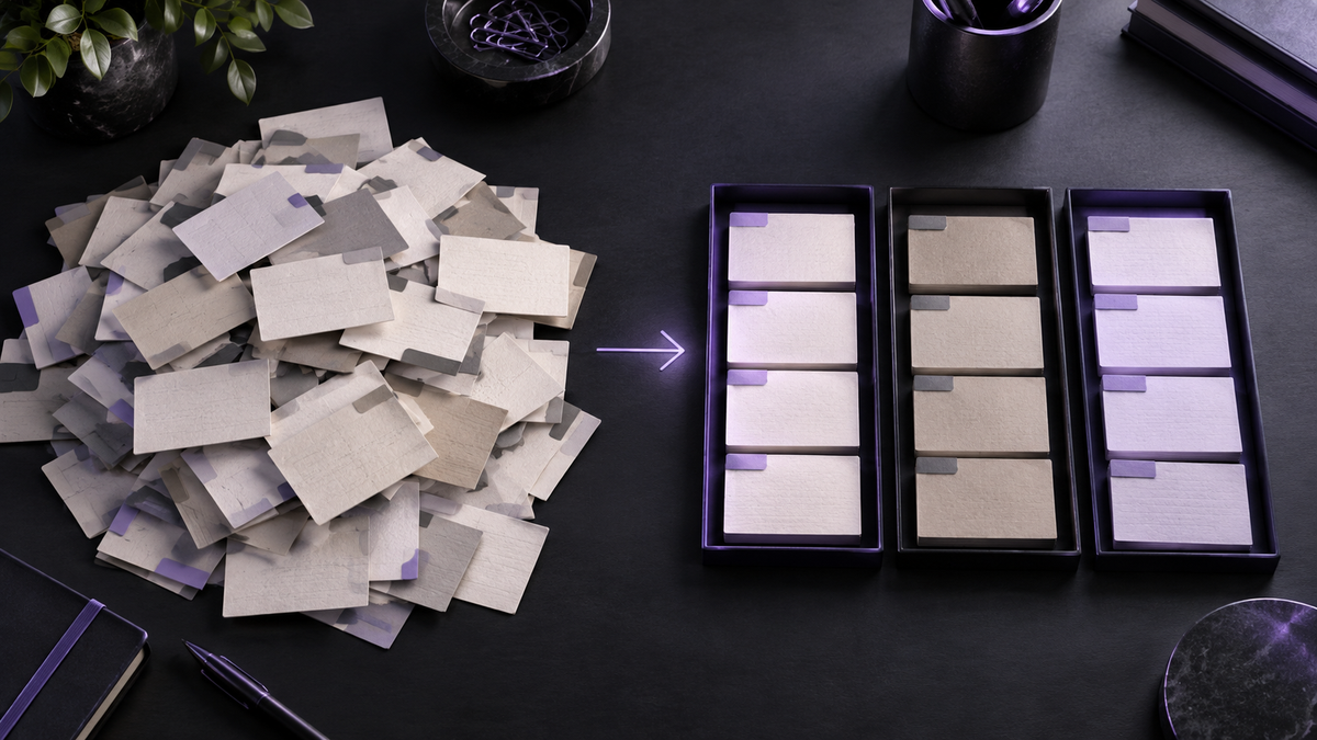 An overloaded field of task cards reduced into three calm and manageable work lanes