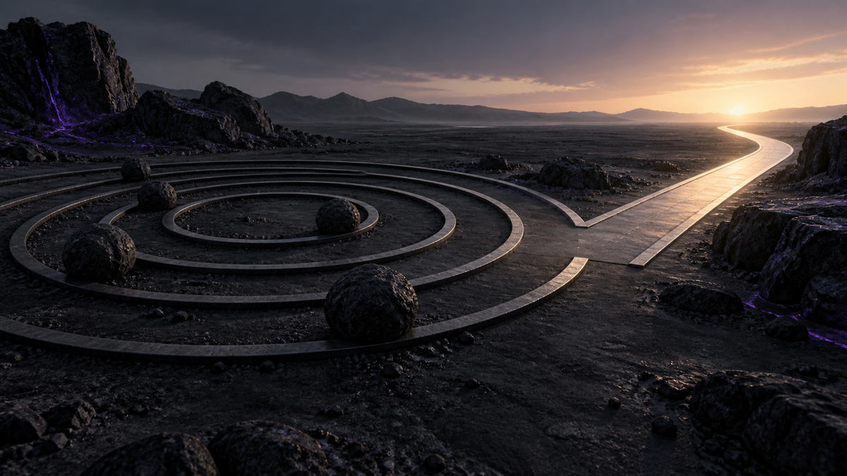 Repeated circular paths opening into one clear route forward