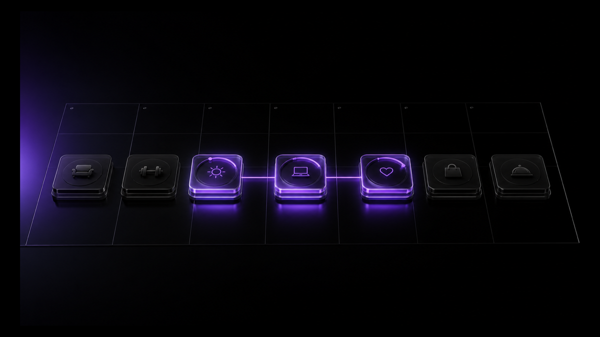 Three essential ultraviolet anchors connected across a seven-part minimum viable week on black glass