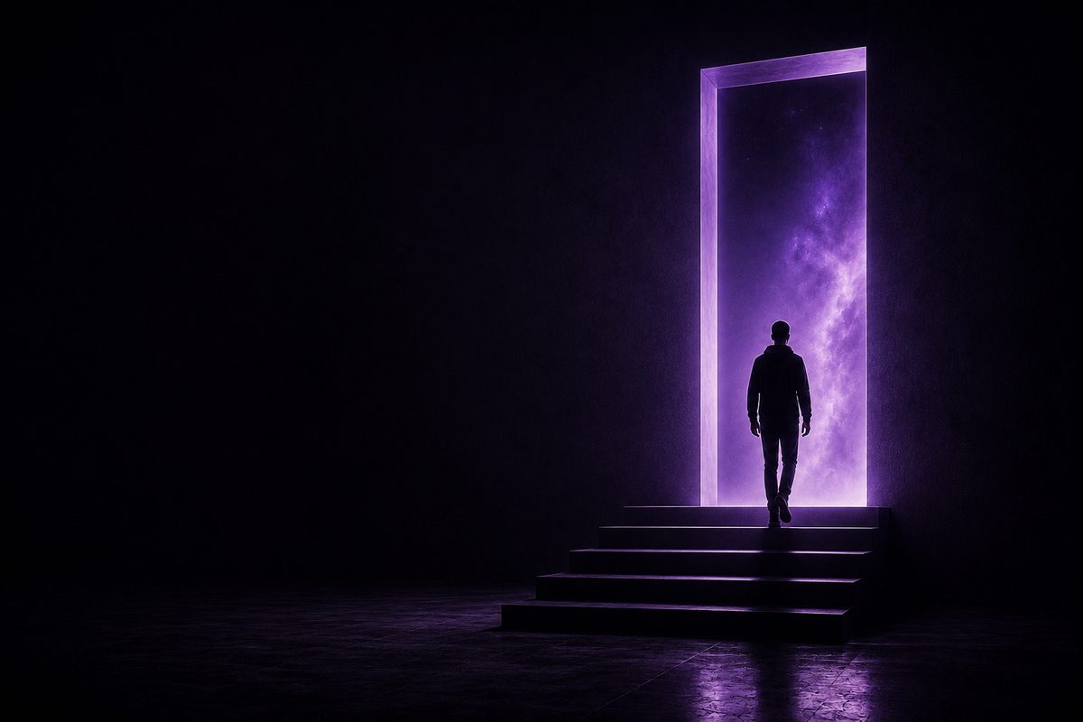 A figure walking up dark steps towards a violet-lit doorway