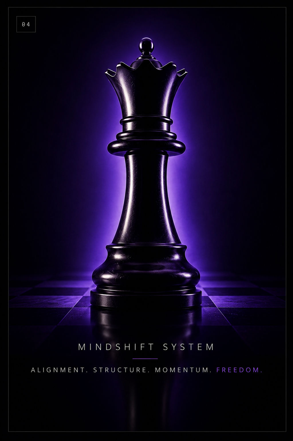 MindShift System complete personal operating system in black and ultraviolet, represented by a queen chess piece.