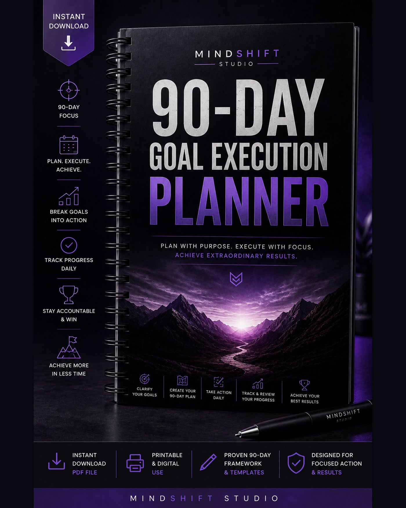Premium MindShift Studio 90-Day Goal Execution Planner Shopify Edition cover.