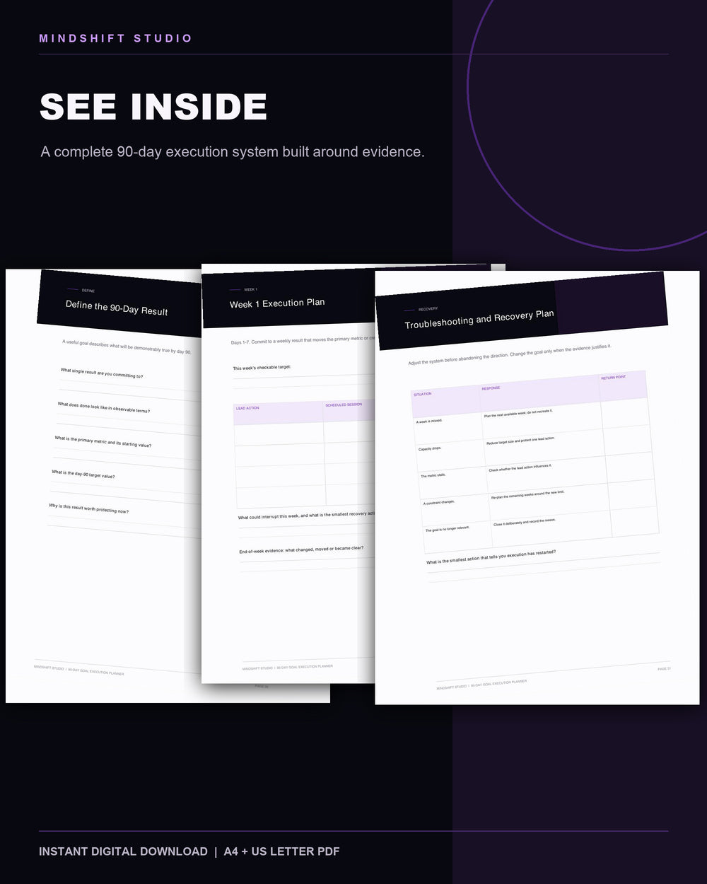Genuine inside-page previews from the 90-Day Goal Execution Planner.