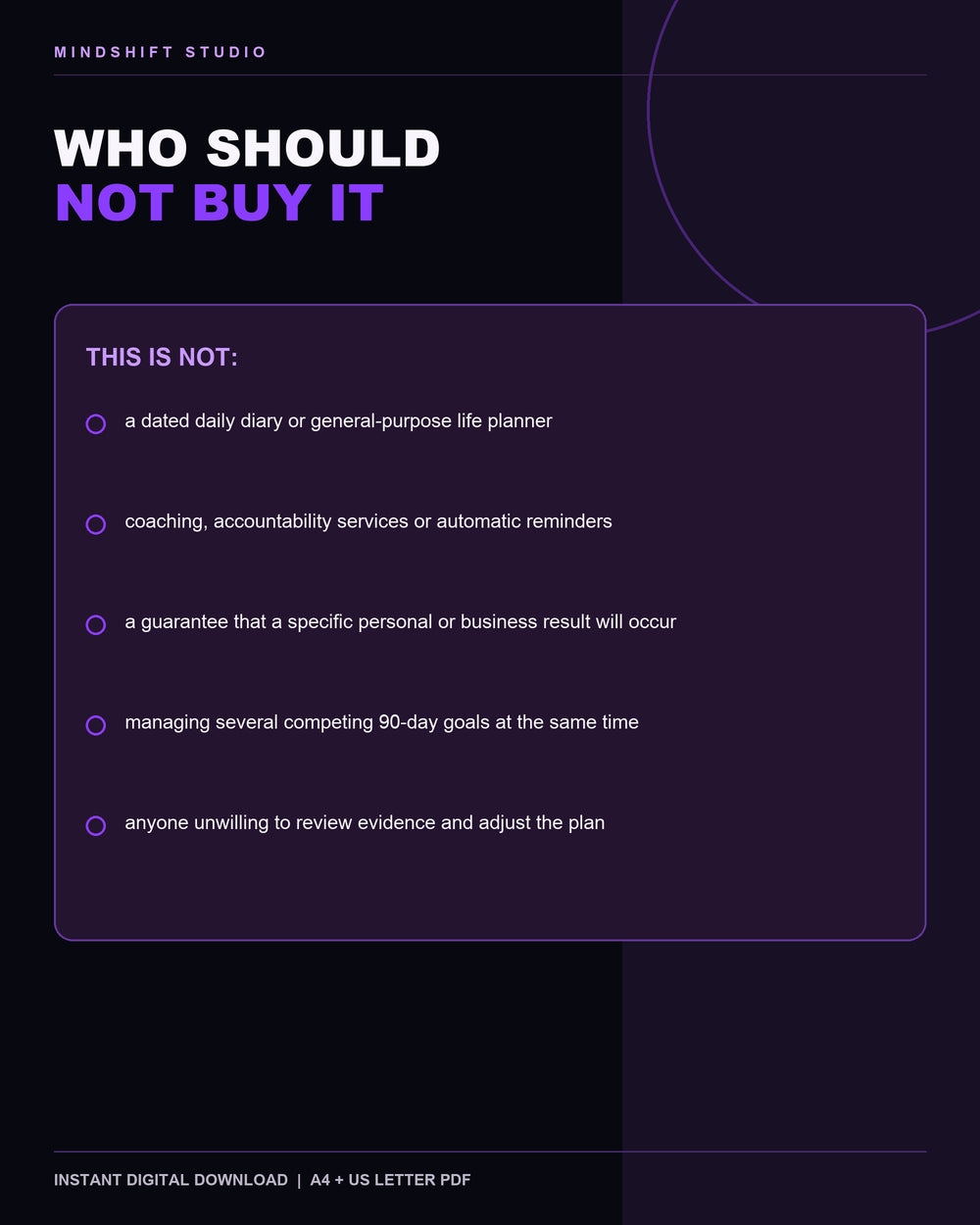 Clear guidance on who should not buy the 90-Day Goal Execution Planner.