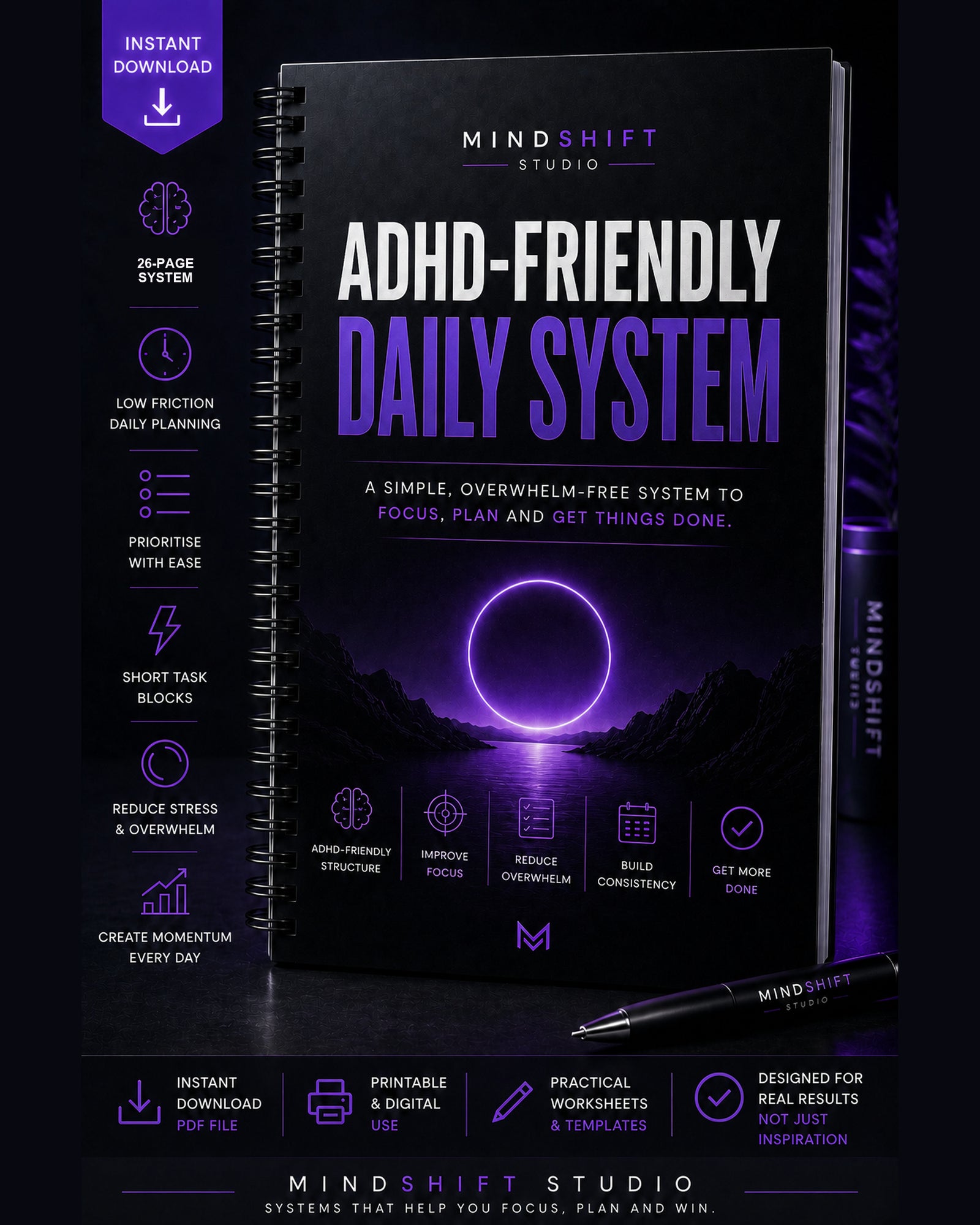 Premium MindShift Studio ADHD-Friendly Daily System Shopify Edition cover.