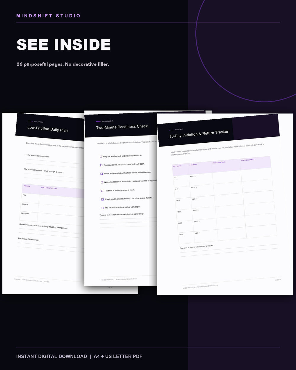 Genuine inside-page previews from the ADHD-Friendly Daily System.