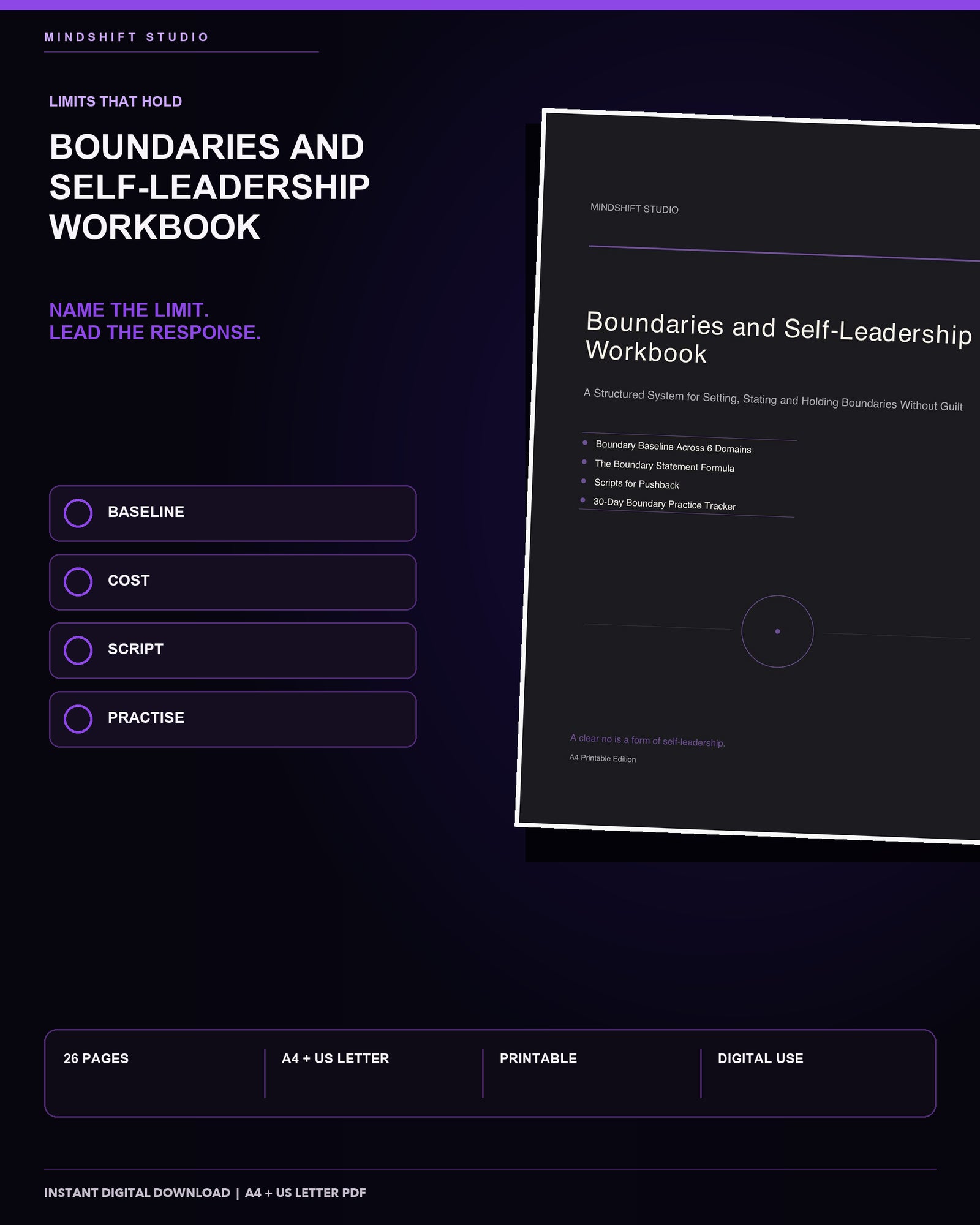 Premium MindShift Studio Boundaries & Self-Leadership Workbook Shopify Edition cover.