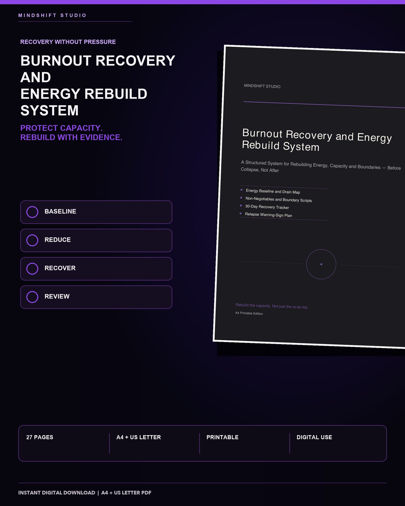 Premium MindShift Studio Burnout Recovery & Energy Rebuild System Shopify Edition cover.