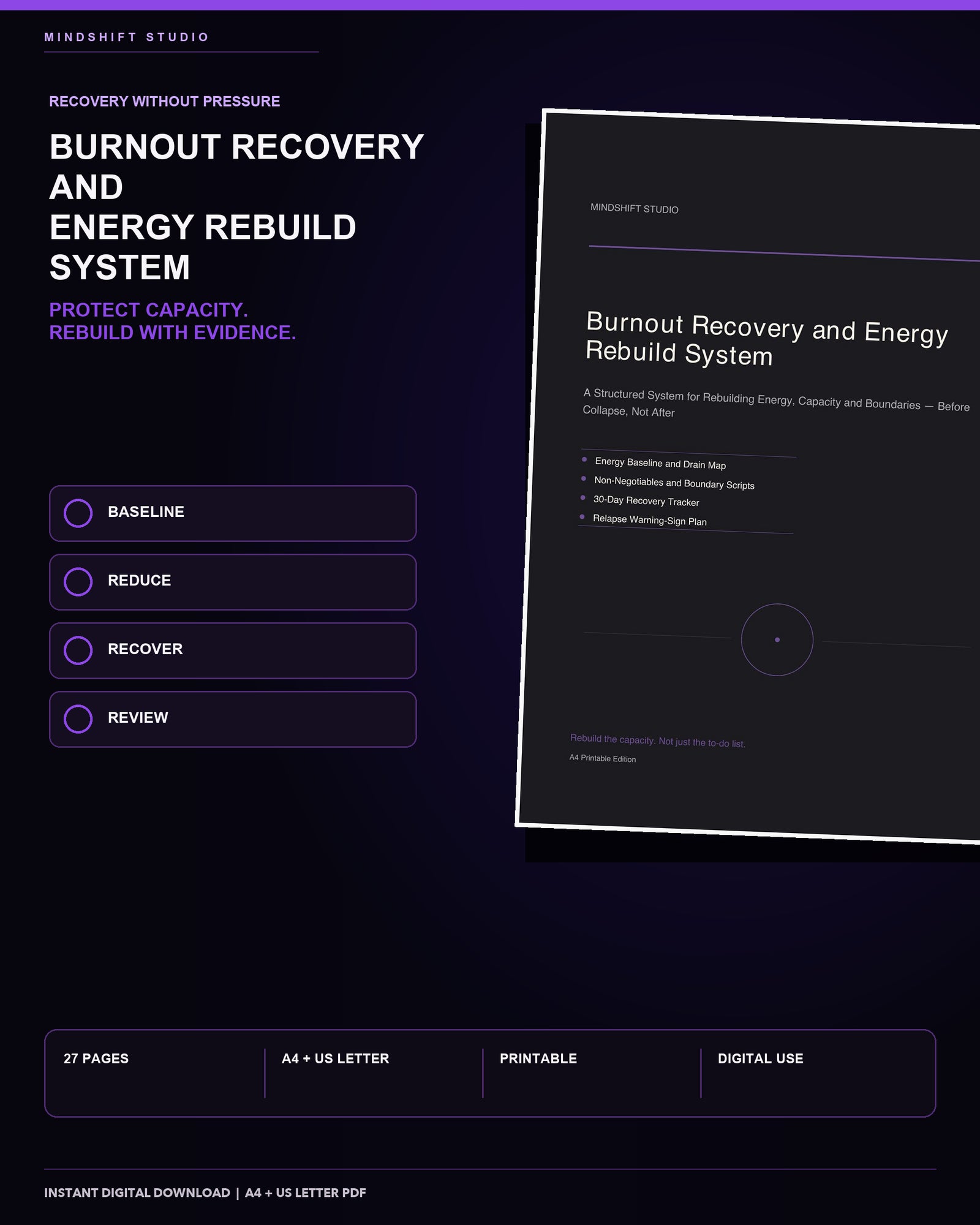 Premium MindShift Studio Burnout Recovery & Energy Rebuild System Shopify Edition cover.