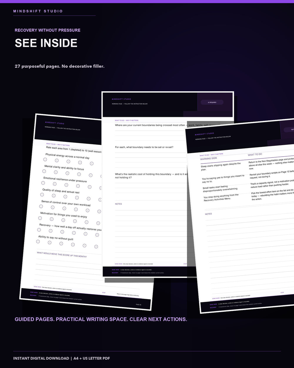 Genuine inside-page previews from the Burnout Recovery & Energy Rebuild System.