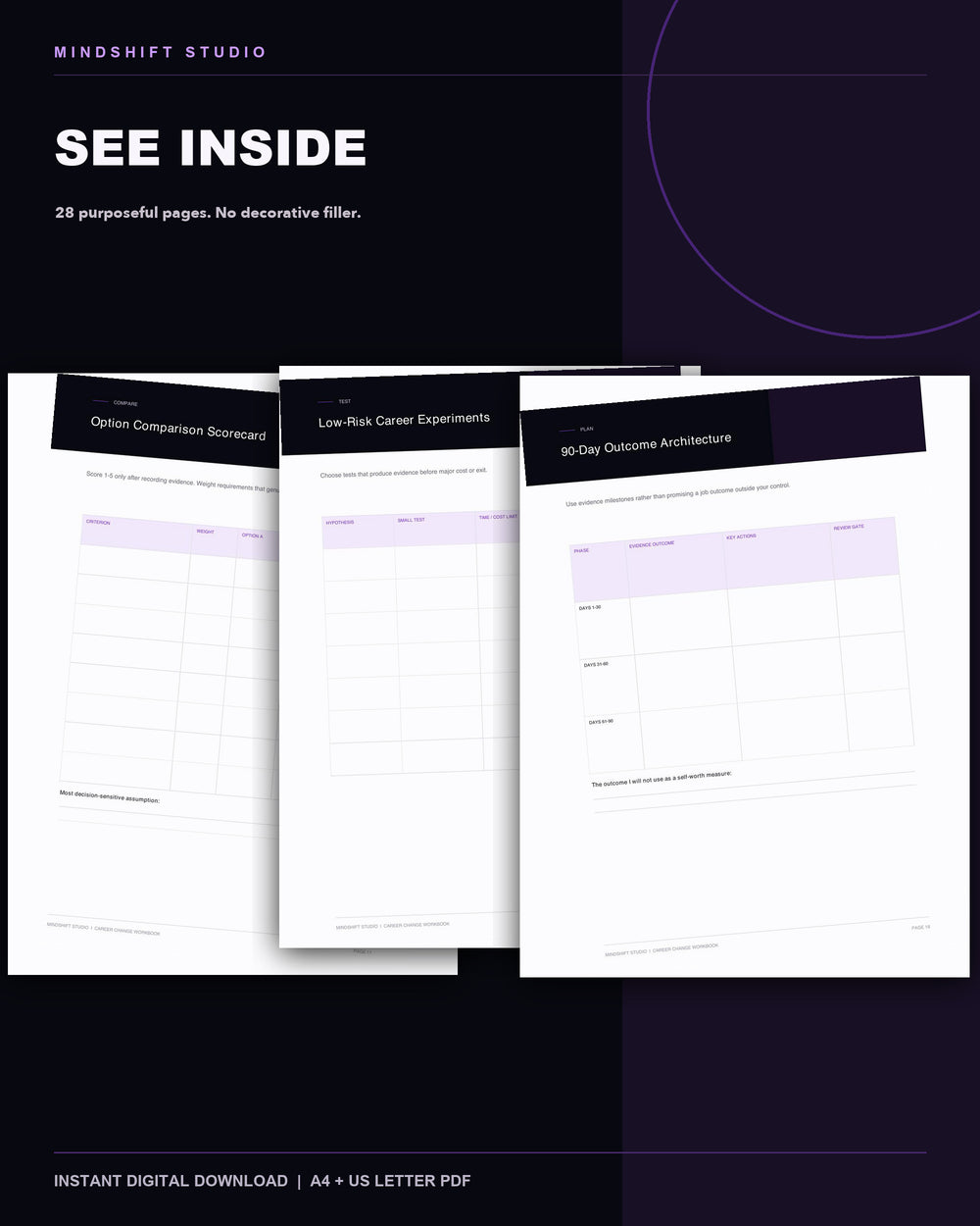 Genuine inside-page previews from the Career Change Workbook.