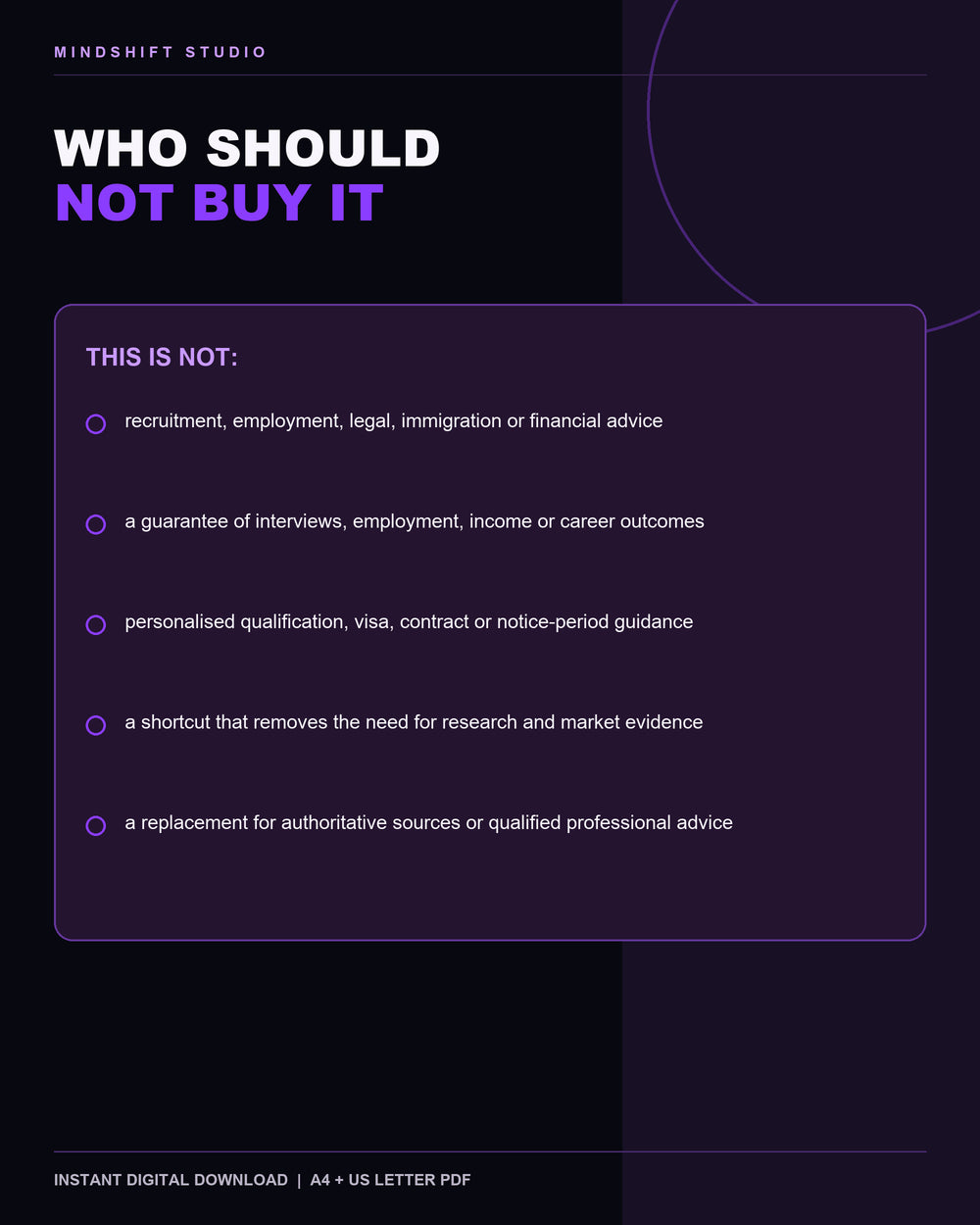 Clear guidance on who should not buy the Career Change Workbook.