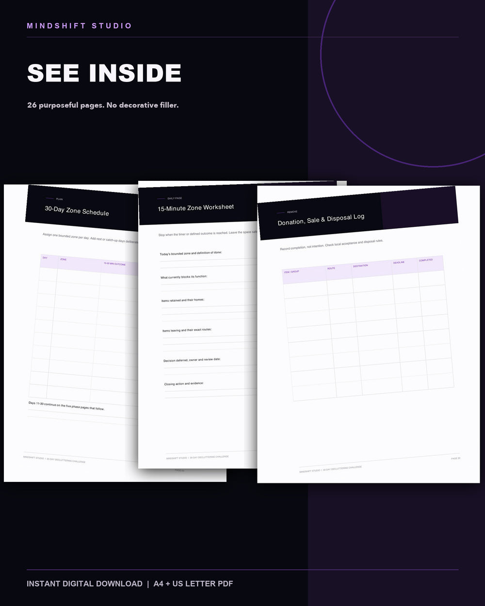 Genuine inside-page previews from the 30-Day Decluttering Challenge.
