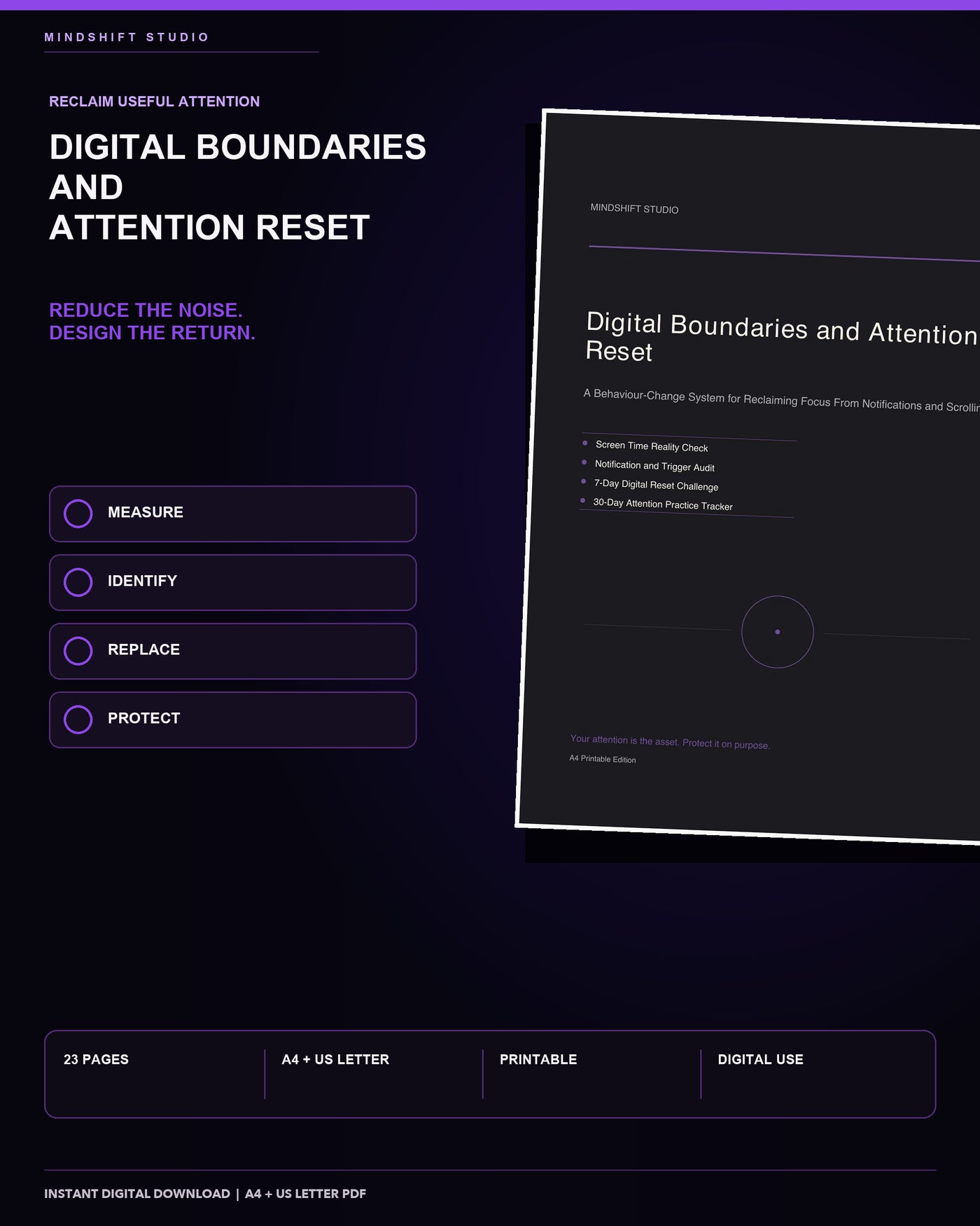 Premium MindShift Studio Digital Boundaries & Attention Reset Shopify Edition cover.