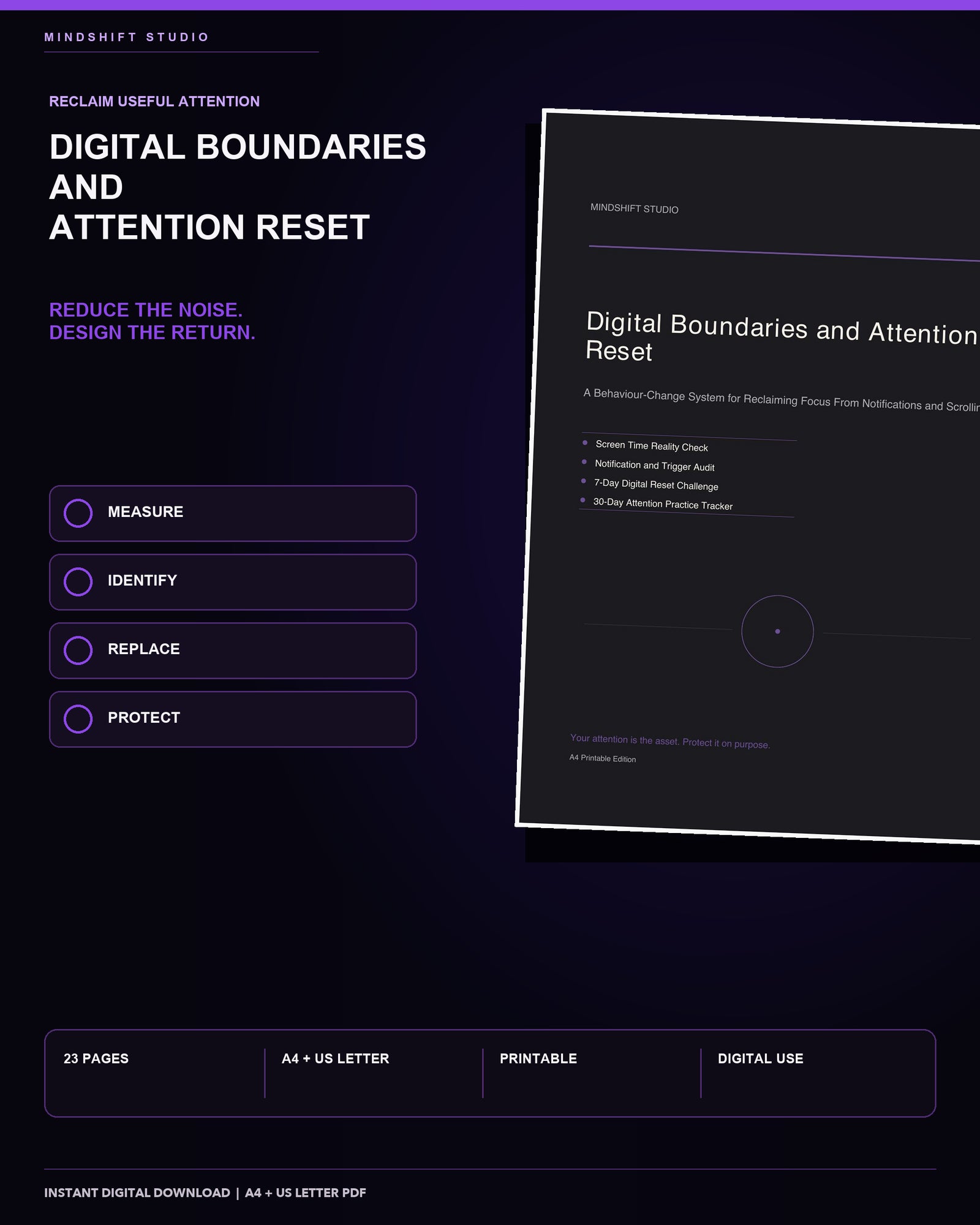 Premium MindShift Studio Digital Boundaries & Attention Reset Shopify Edition cover.