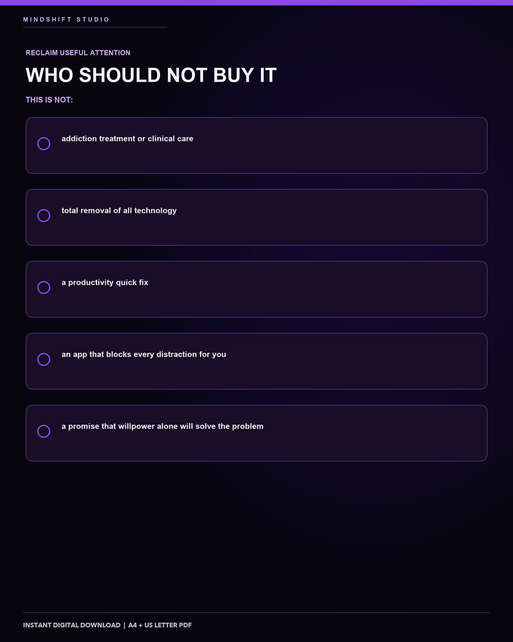 Clear guidance on who should not buy the Digital Boundaries & Attention Reset.