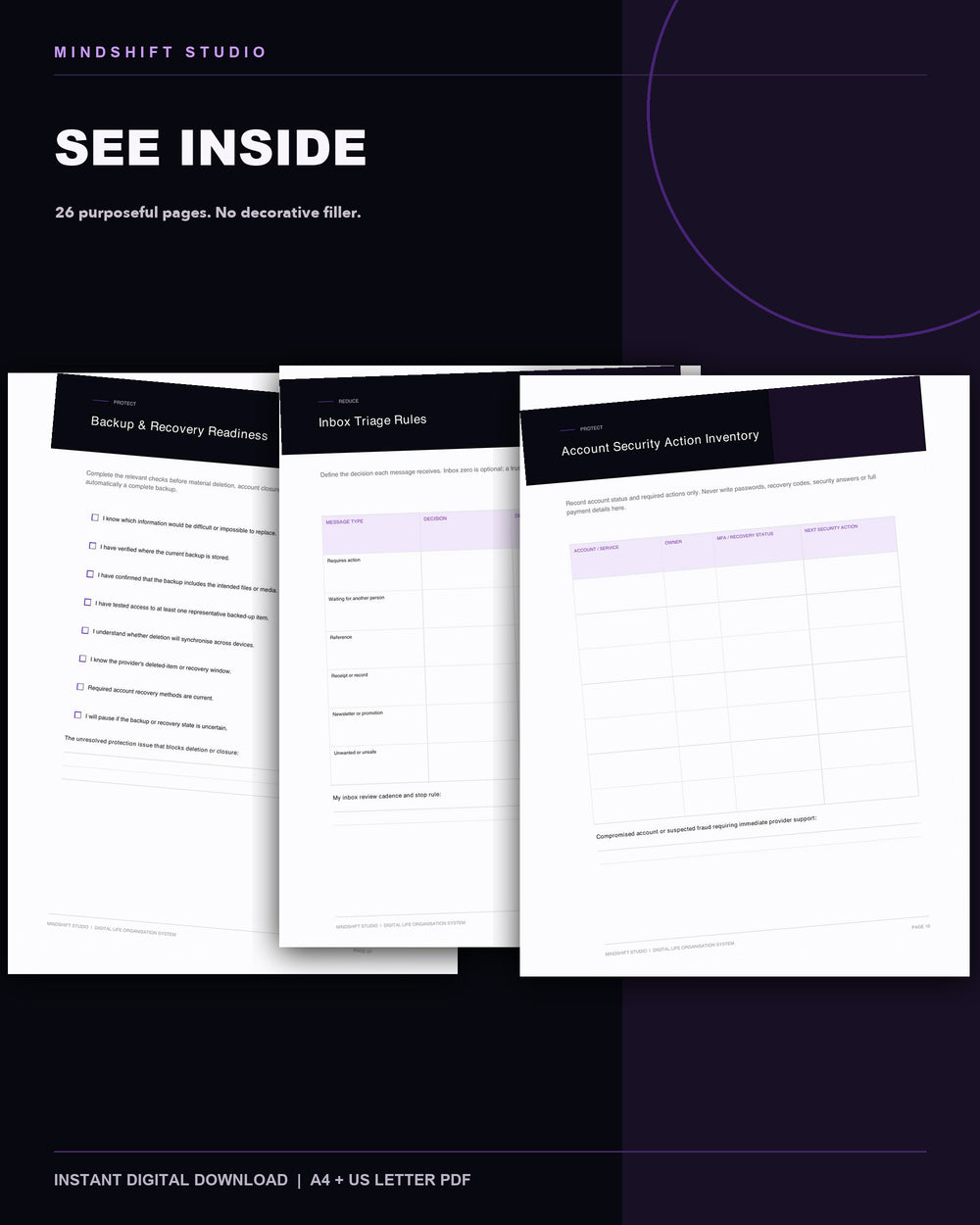 Genuine inside-page previews from the Digital Life Organisation System.