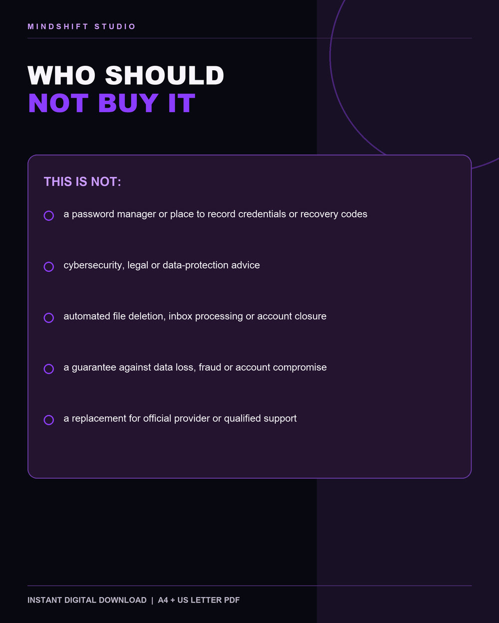 Clear guidance on who should not buy the Digital Life Organisation System.