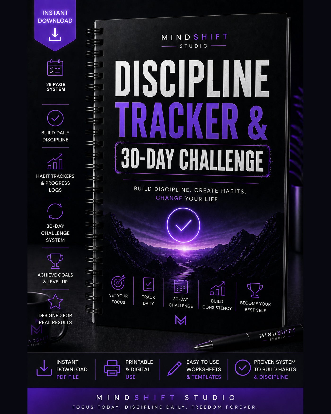 Premium MindShift Studio Discipline Tracker & 30-Day Challenge Shopify Edition cover.
