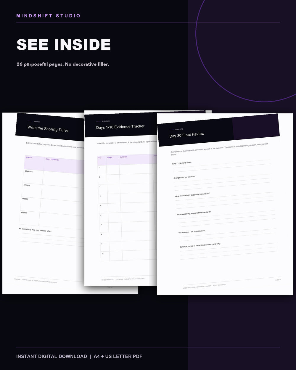 Genuine inside-page previews from the Discipline Tracker & 30-Day Challenge.