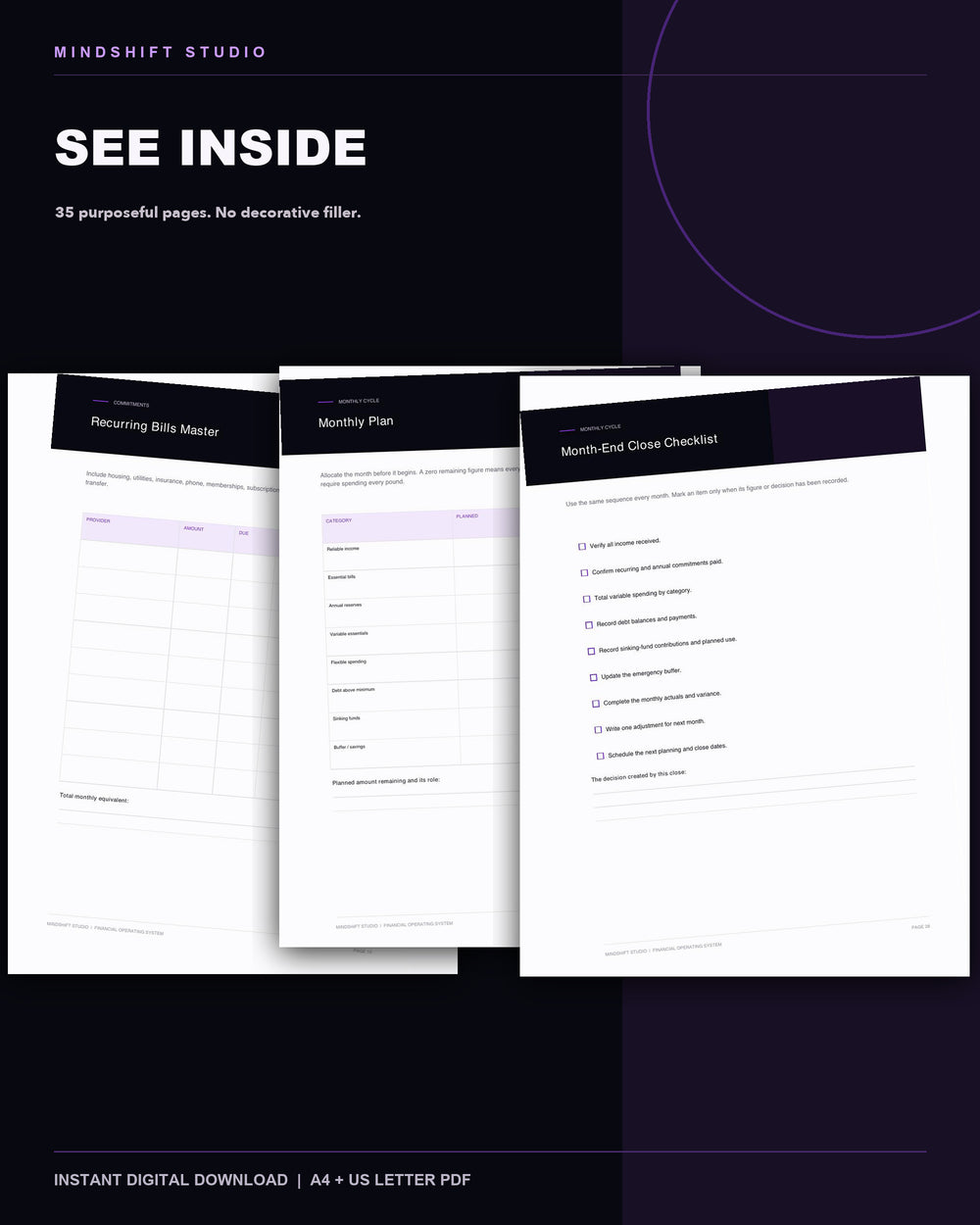 Genuine inside-page previews from the Financial Operating System.