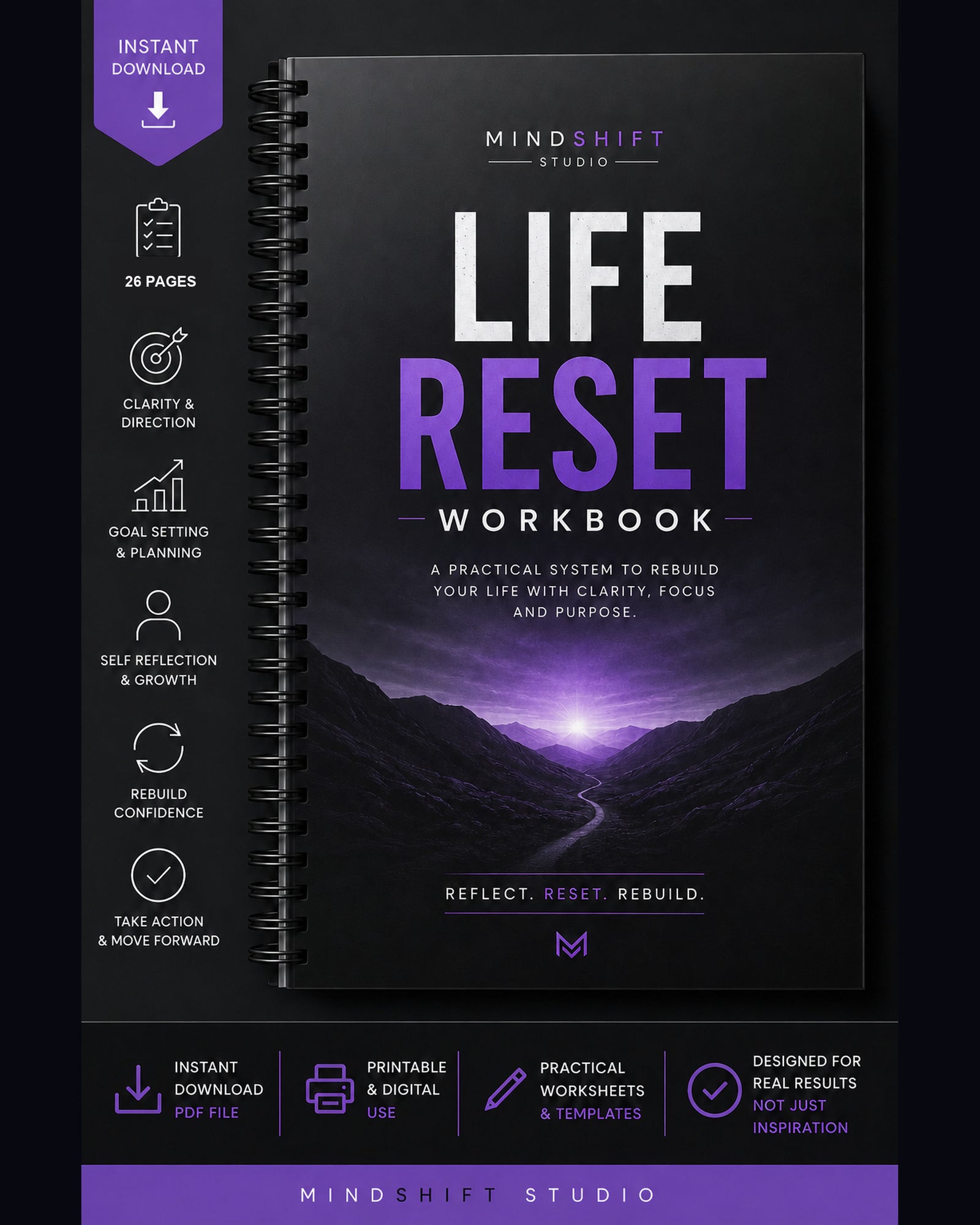 Premium MindShift Studio Life Reset Workbook Shopify Edition cover.