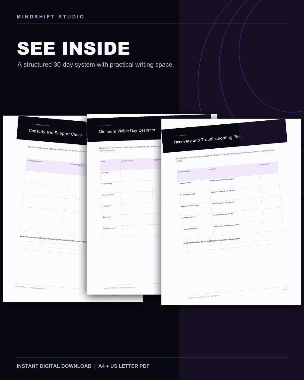Genuine inside-page previews from the Life Reset Workbook.