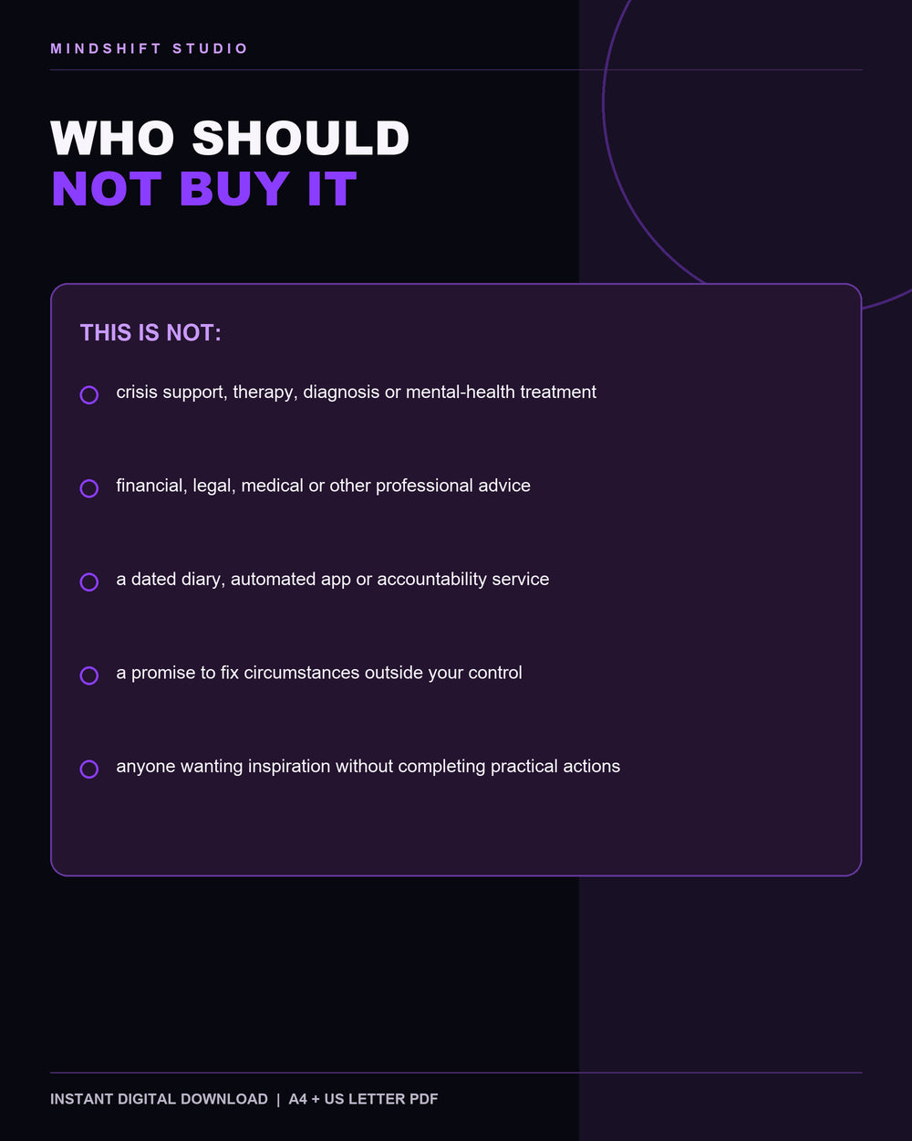 Clear guidance on who should not buy the Life Reset Workbook.