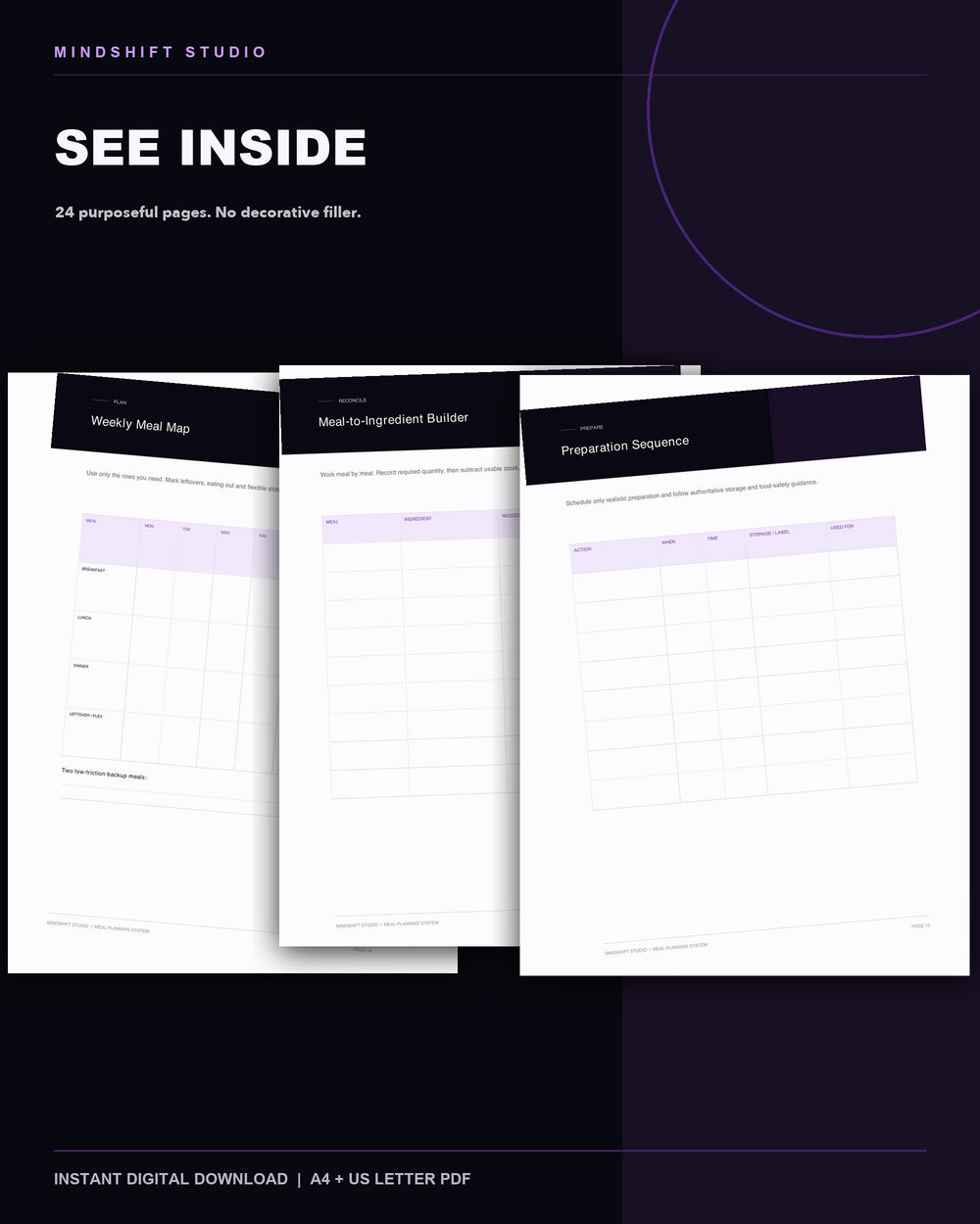 Genuine inside-page previews from the Meal Planning System.