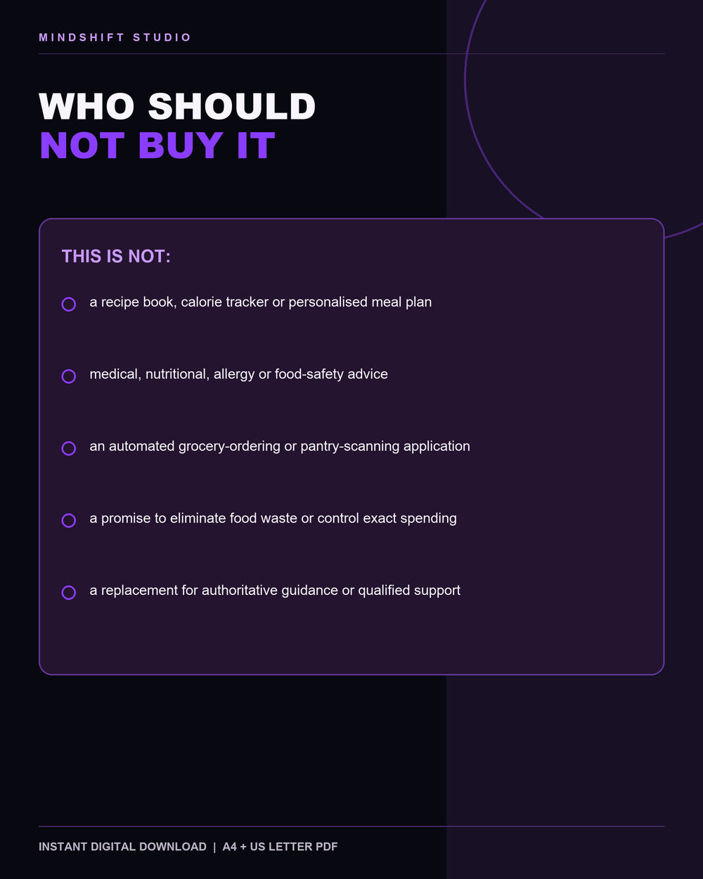 Clear guidance on who should not buy the Meal Planning System.