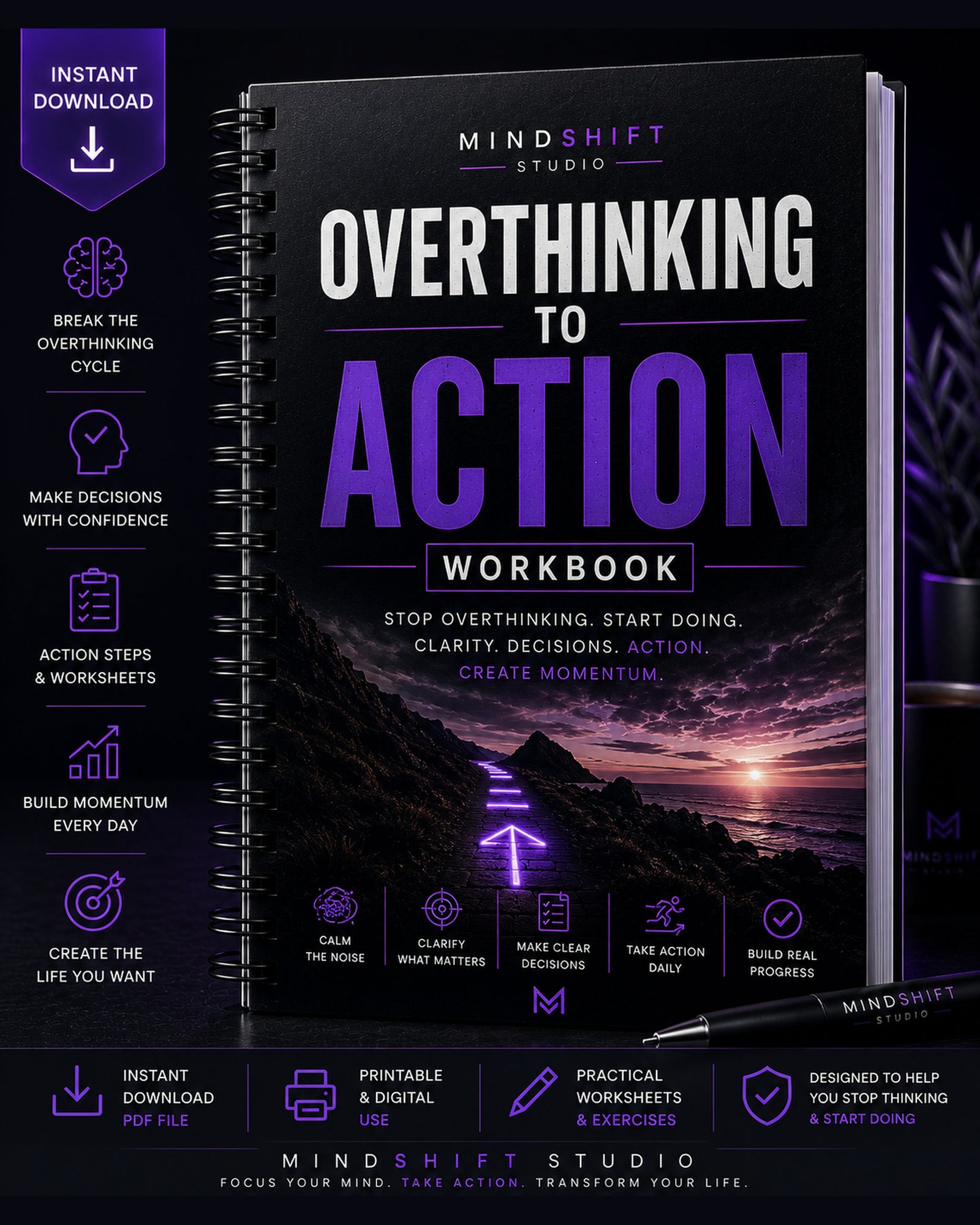 Premium MindShift Studio Overthinking to Action Workbook Shopify Edition cover.