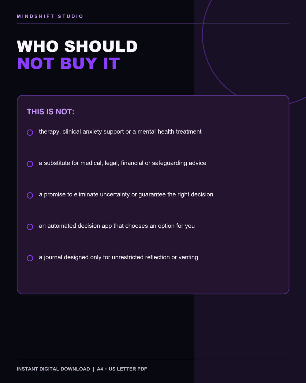 Clear guidance on who should not buy the Overthinking to Action Workbook.