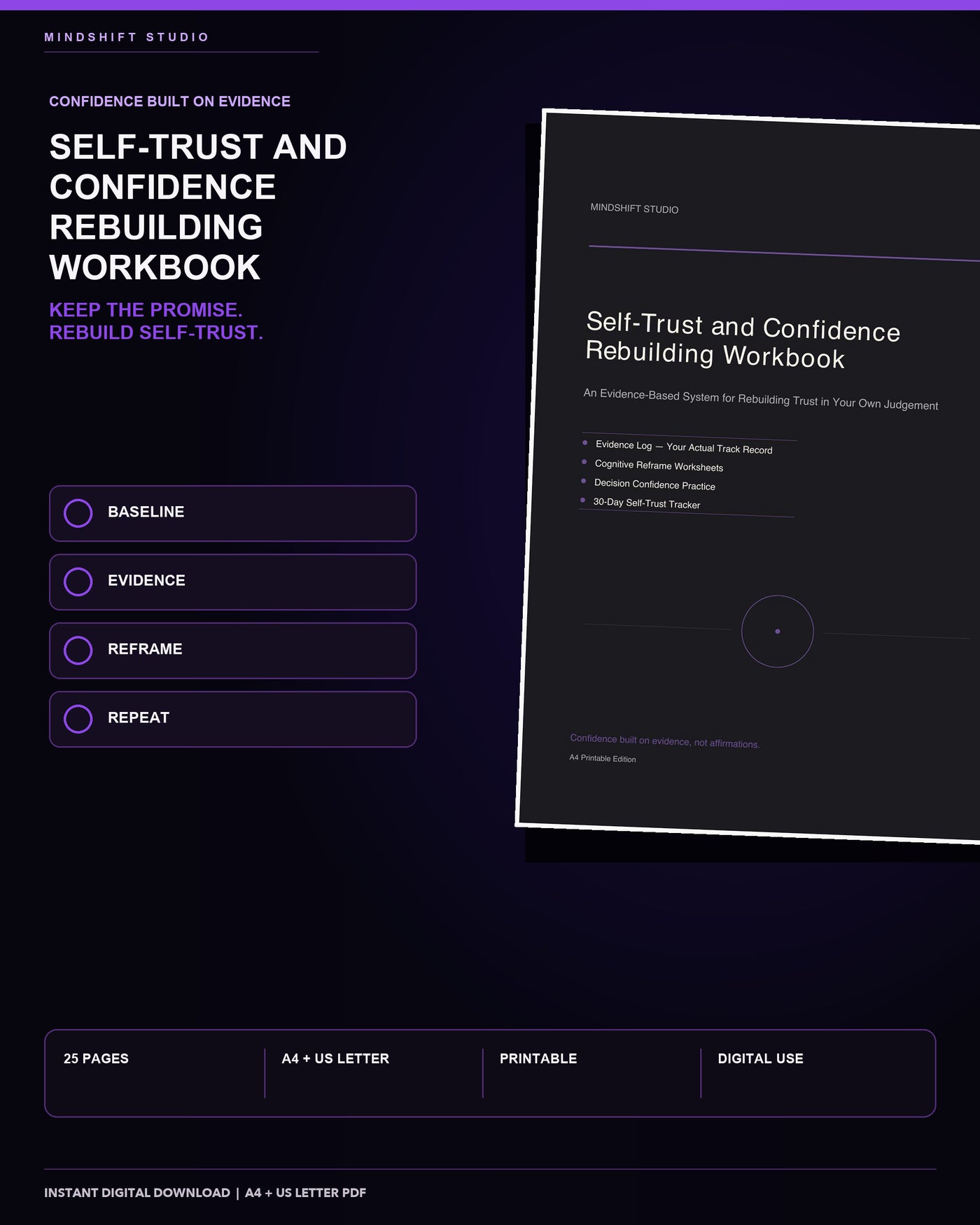 Premium MindShift Studio Self-Trust & Confidence Rebuilding Workbook Shopify Edition cover.