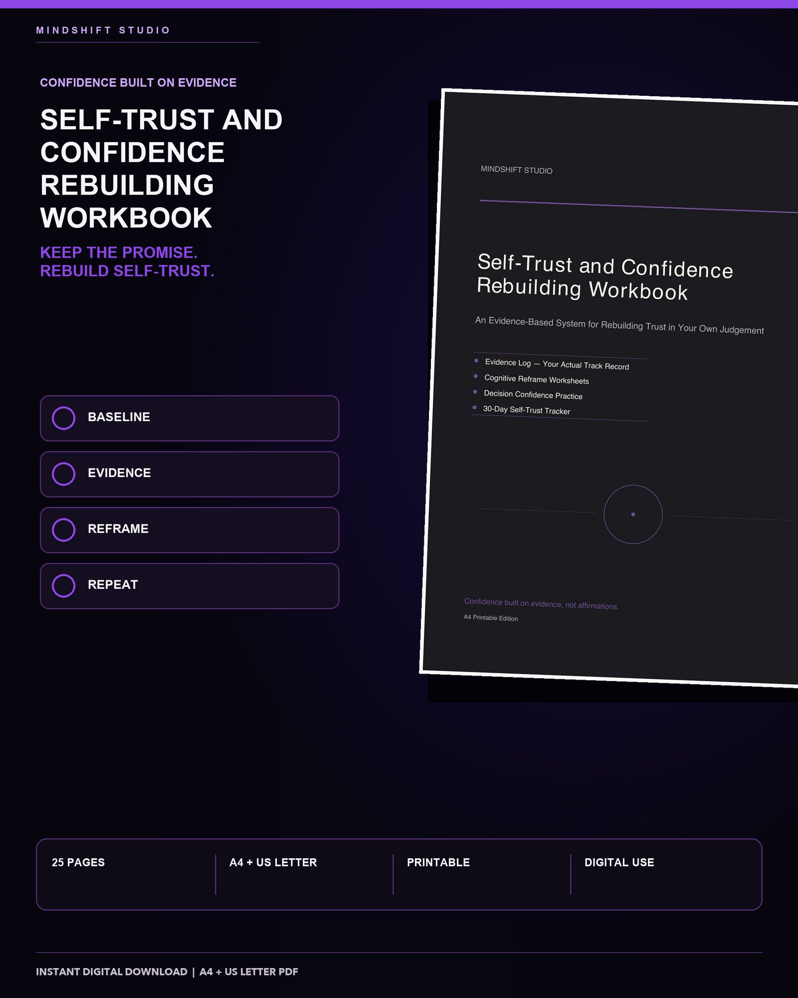 Premium MindShift Studio Self-Trust & Confidence Rebuilding Workbook Shopify Edition cover.