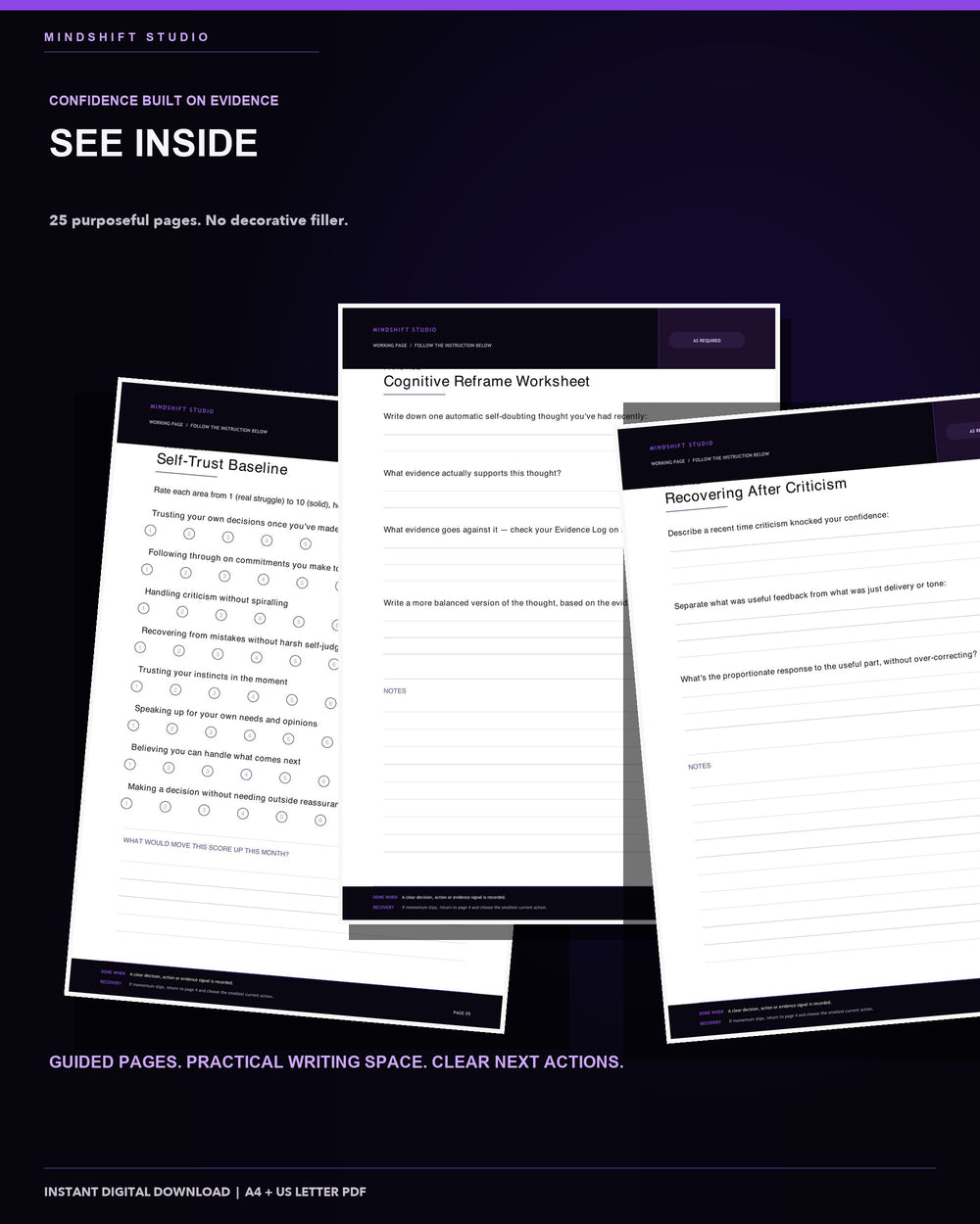 Genuine inside-page previews from the Self-Trust & Confidence Rebuilding Workbook.