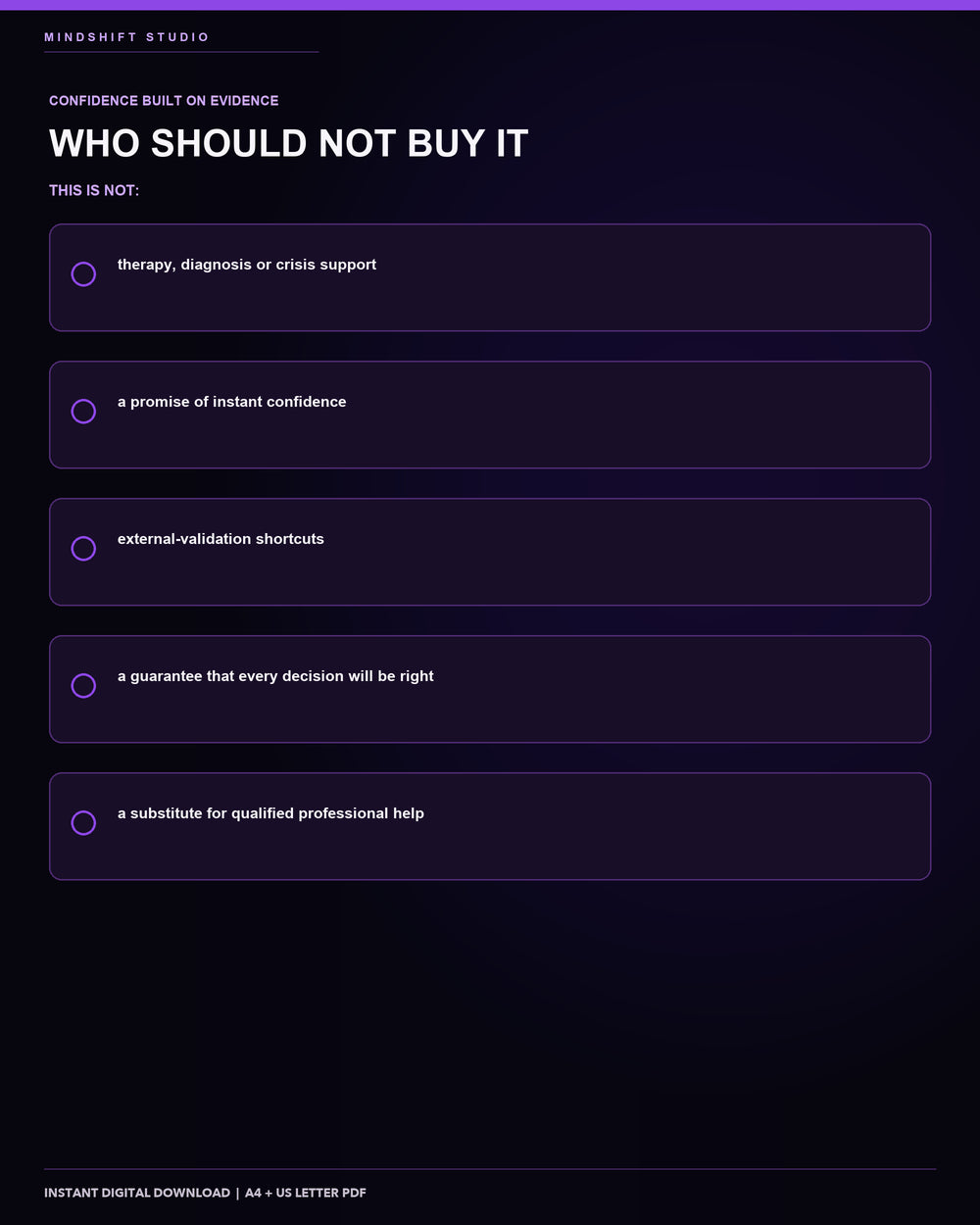 Clear guidance on who should not buy the Self-Trust & Confidence Rebuilding Workbook.