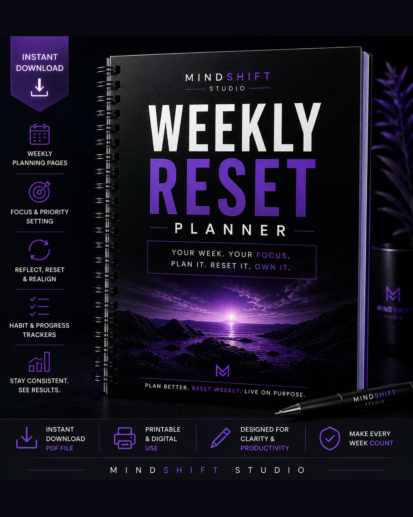 Premium MindShift Studio Weekly Reset Planner Shopify Edition cover.