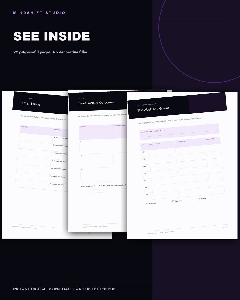 Genuine inside-page previews from the Weekly Reset Planner.